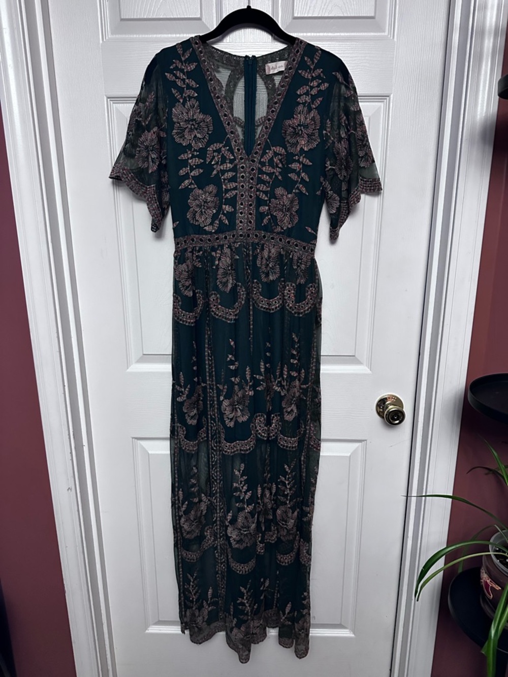 Altar’d State Green Embroidered Sheer Maxi Dress Boho Fairy Floral Size Small